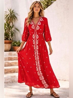Free People Red Maxi Dress with White Floral Embroidery